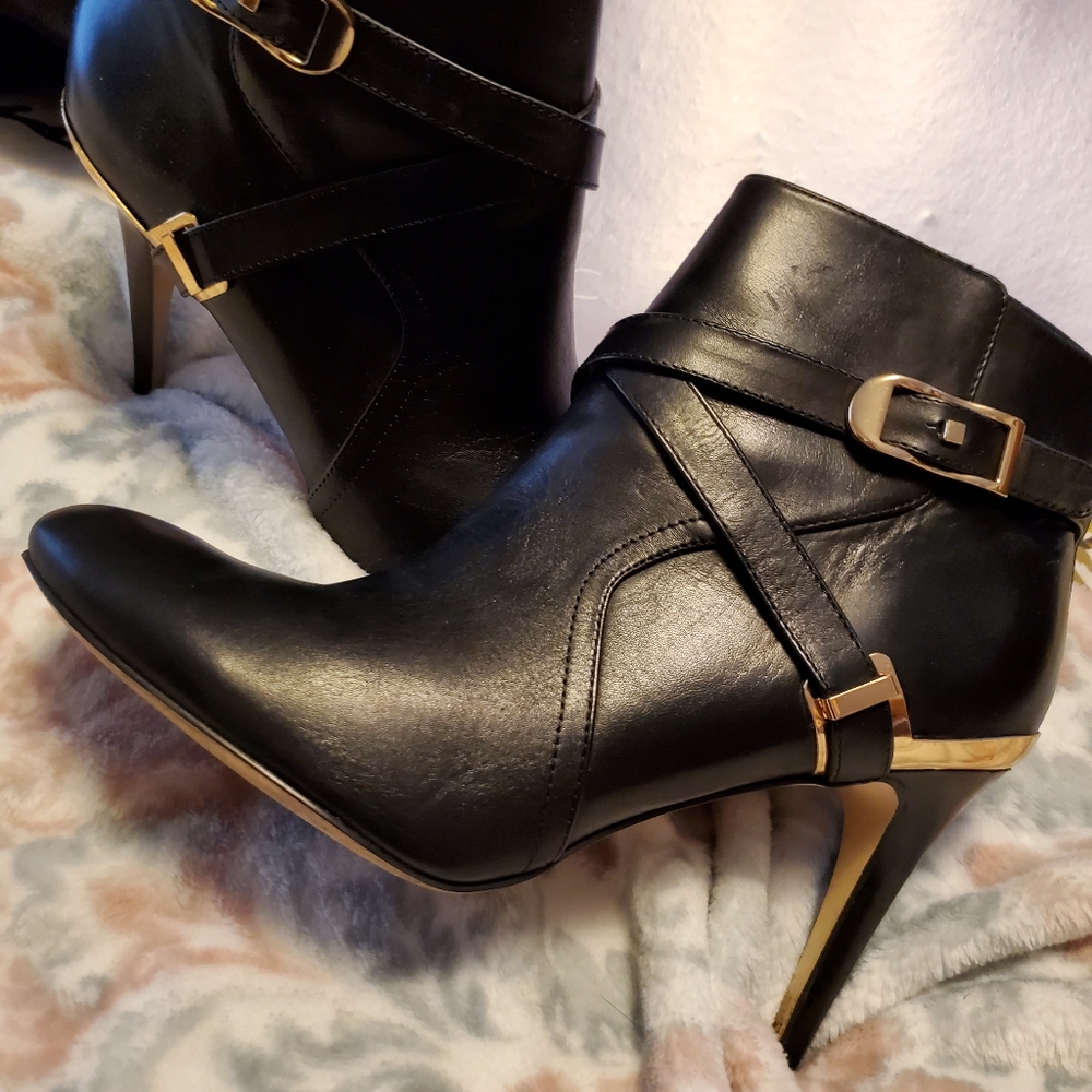 Marc Fisher Black Leather Ankle Booties with Gold Accents